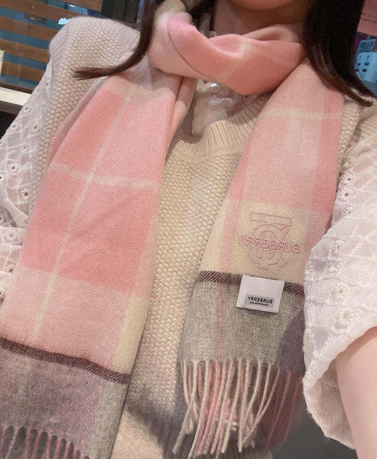 巴B家-格子圍巾 30*168cm 100%羊絨 粉色
