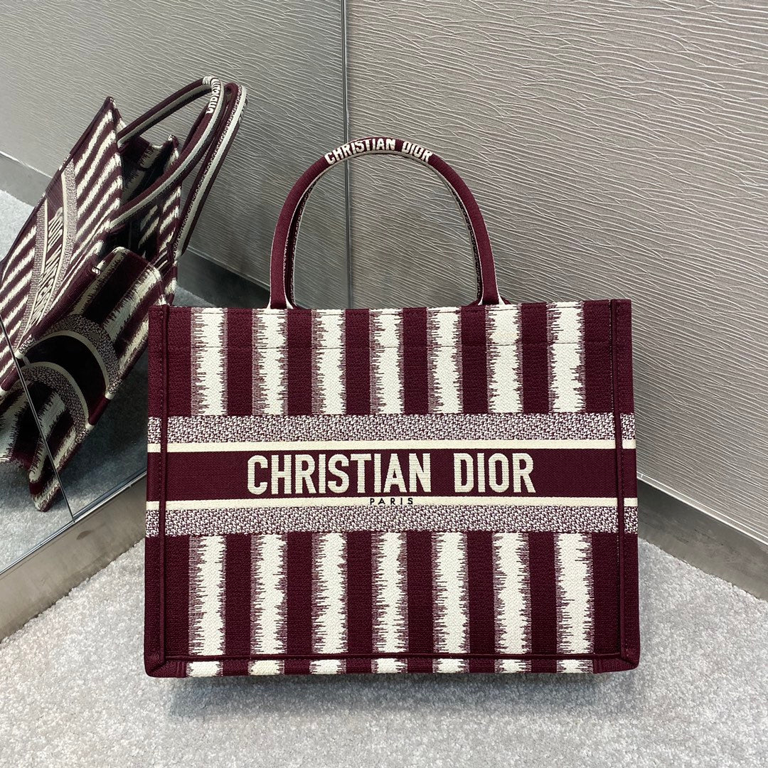 Dior Book Tote-小號36.5cm-酒紅色條紋