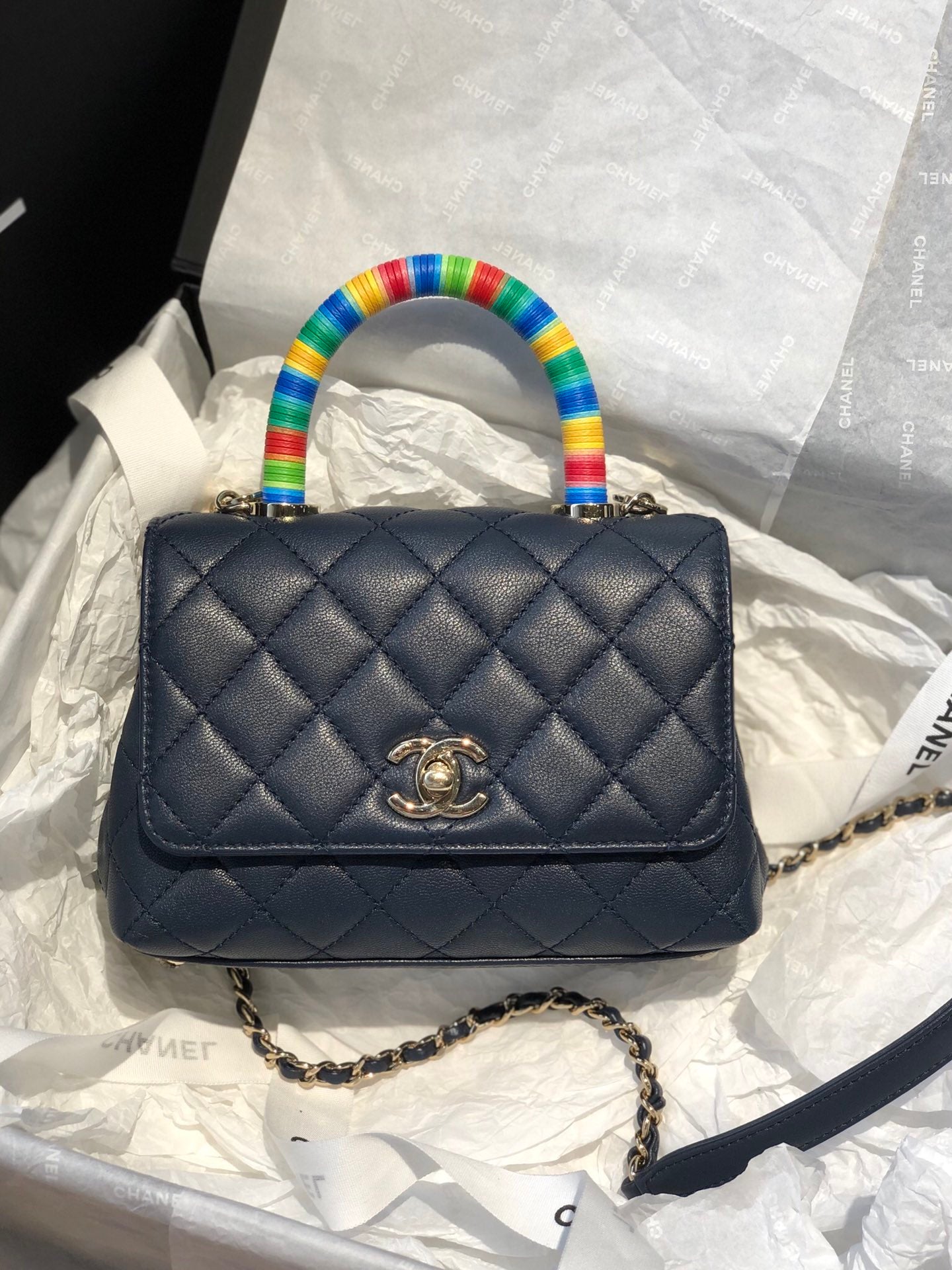 Chanel mini coco handle彩虹包-深藍色
