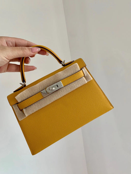 Hermes Mini Kelly 2代-Epsom-琥珀黃-銀扣