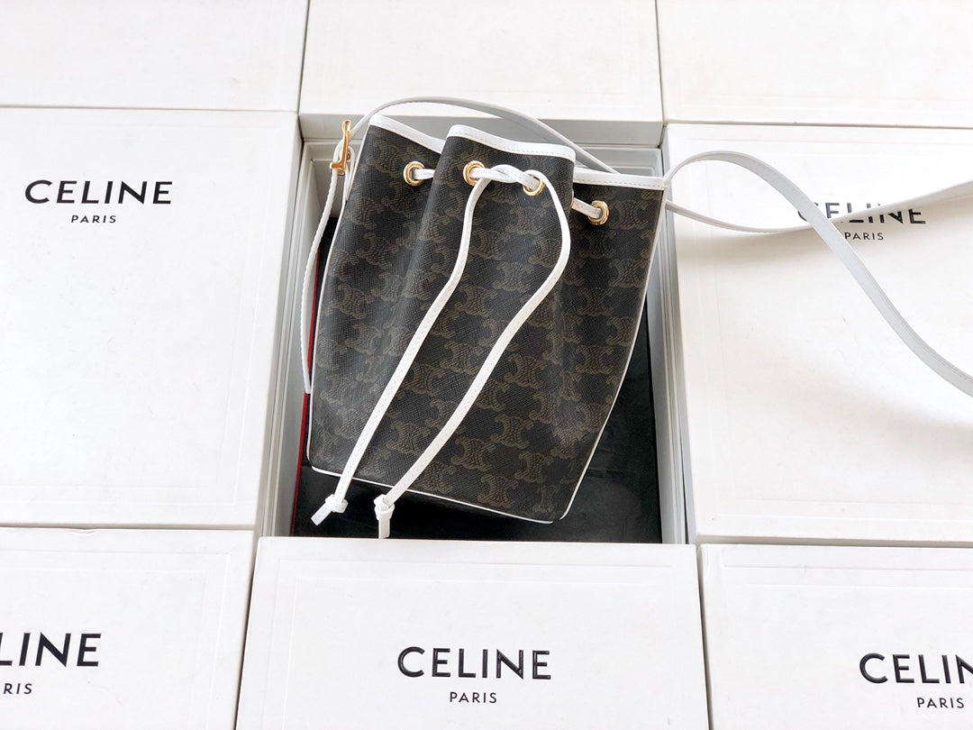 Celine TRIOMPHE帆布小號抽繩包-白色老花