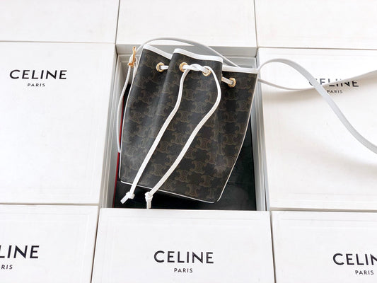 Celine TRIOMPHE帆布小號抽繩包-白色老花