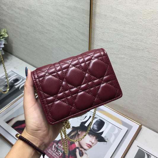 Dior Lady Dior Nano 鏈條卡包/腰包-酒紅色