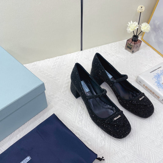 Prada 鞋-Prada 貼鑽低跟 瑪莉珍鞋（黑）