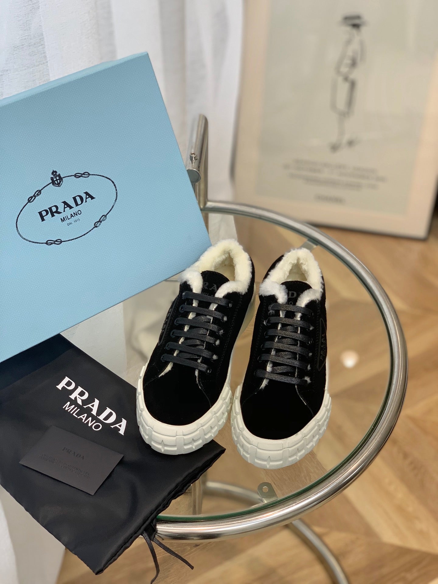Prada鞋-Prada 厚底 毛毛 餅乾鞋（黑）