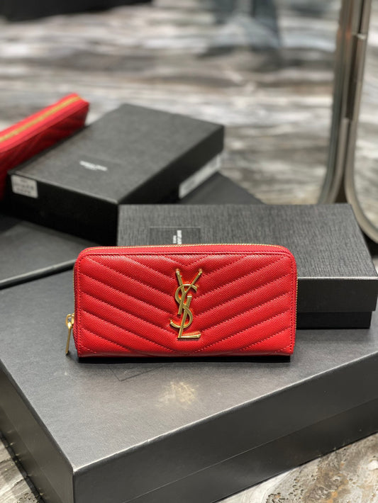 YSL 拉鍊長夾 紅色金扣