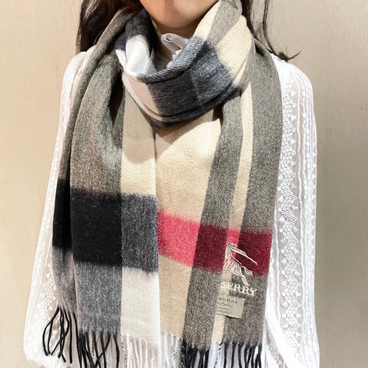 巴B家-水波紋經典羊絨格子圍巾 32*180cm 純羊絨 杏色
