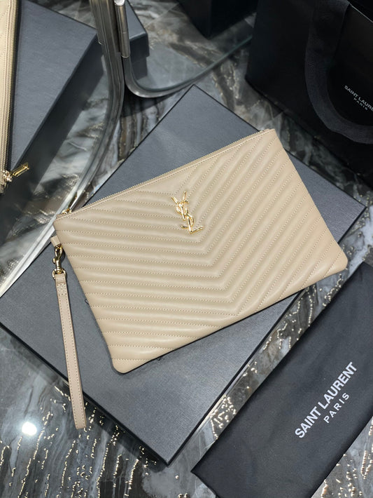 YSL_提花拼接文件手拿包-杏色金扣-30cm
