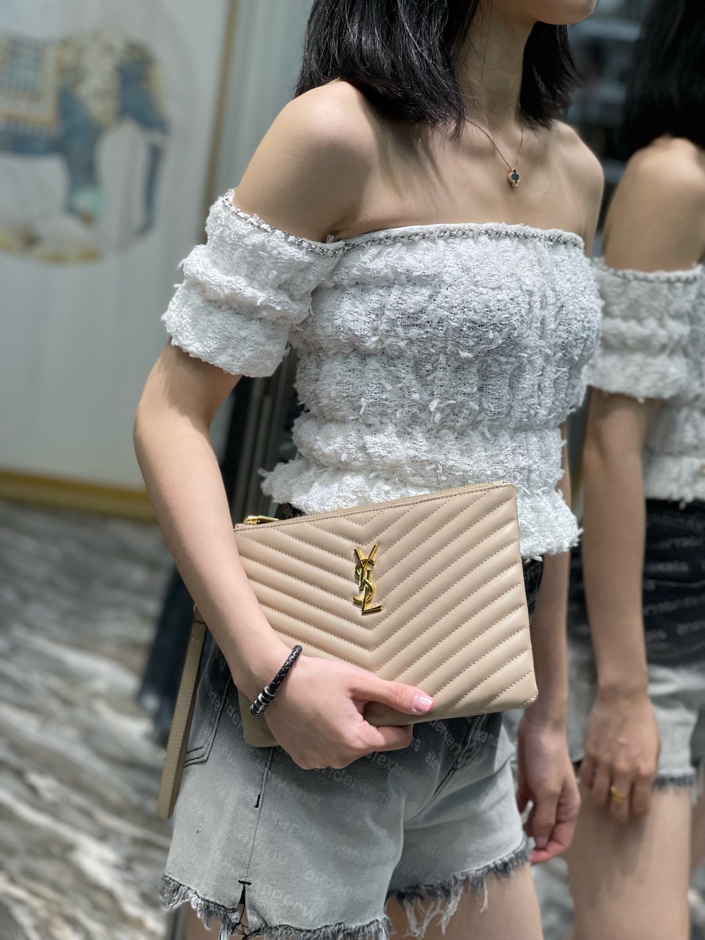 YSL 提花拼接文件手拿包-杏色金扣-24cm