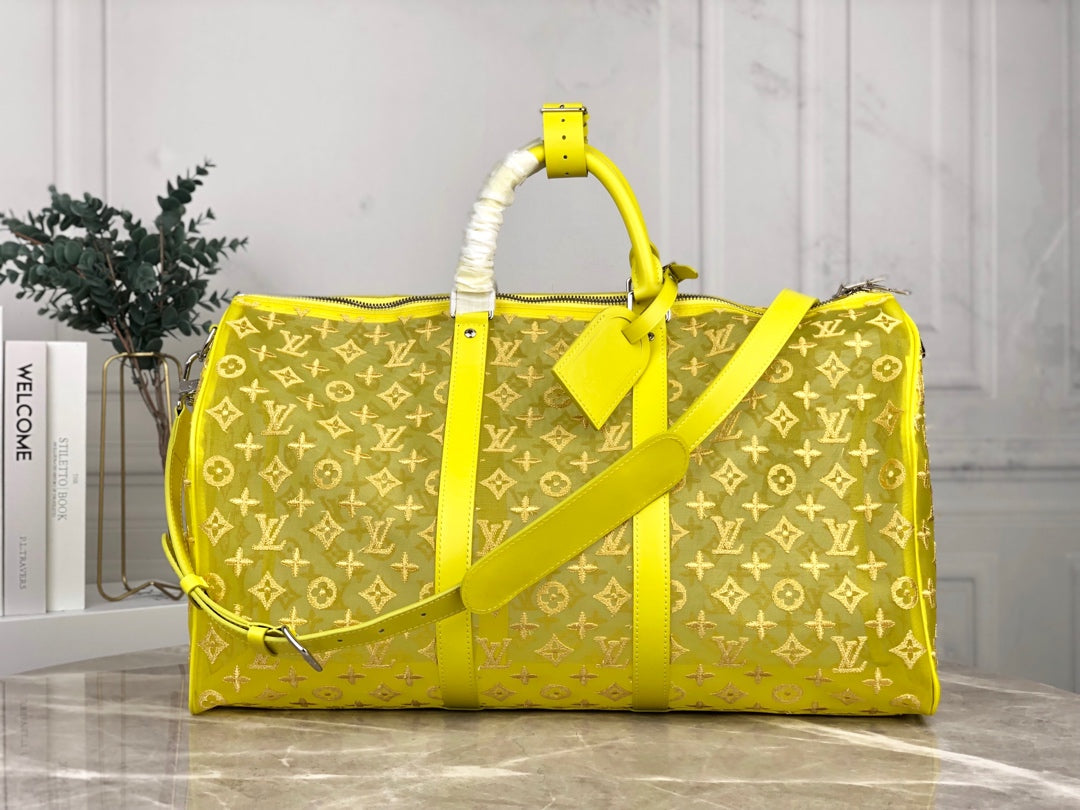 Lou-Keepall 50 旅行袋 老花刺繡圖黃色