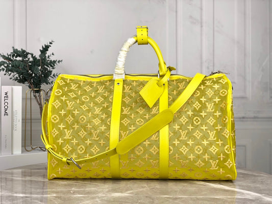 Lou-Keepall 50 旅行袋 老花刺繡圖黃色
