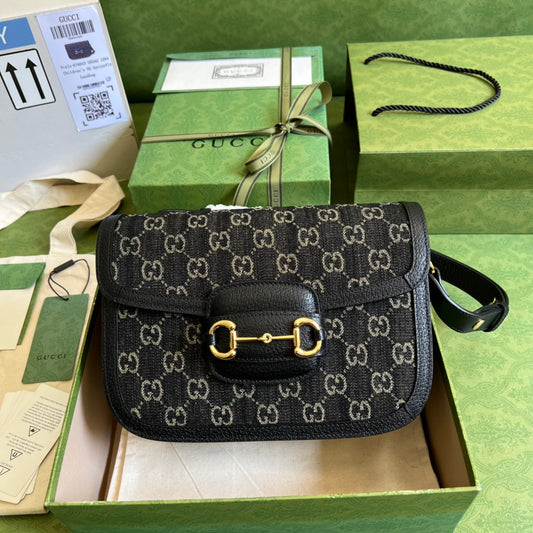 古G家-1955 Horsebit Bag-馬鞍包-黑色丹寧牛仔