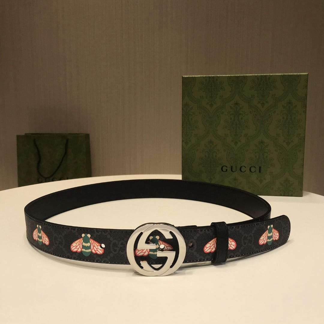 古G家-黑色印花皮帶-3.0cm