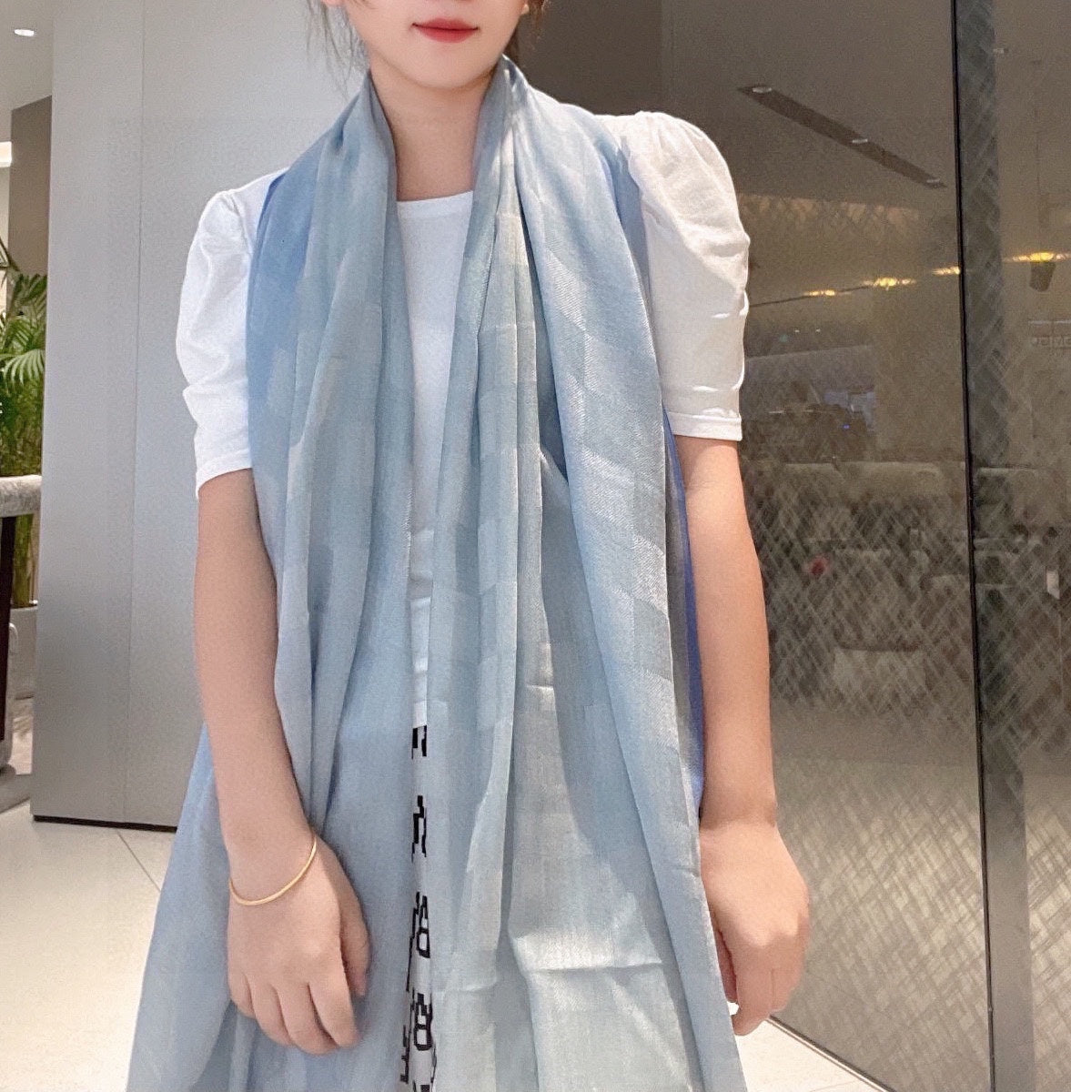 路L家-經典格紋羊絨圍巾 105*180cm 藍色