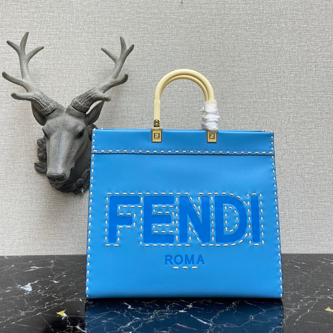 芬F家-Fendi Sunshine-中號藍色燙印牛皮手提袋