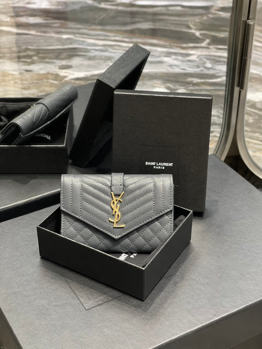 YSL 新品短夾 藍灰色金扣