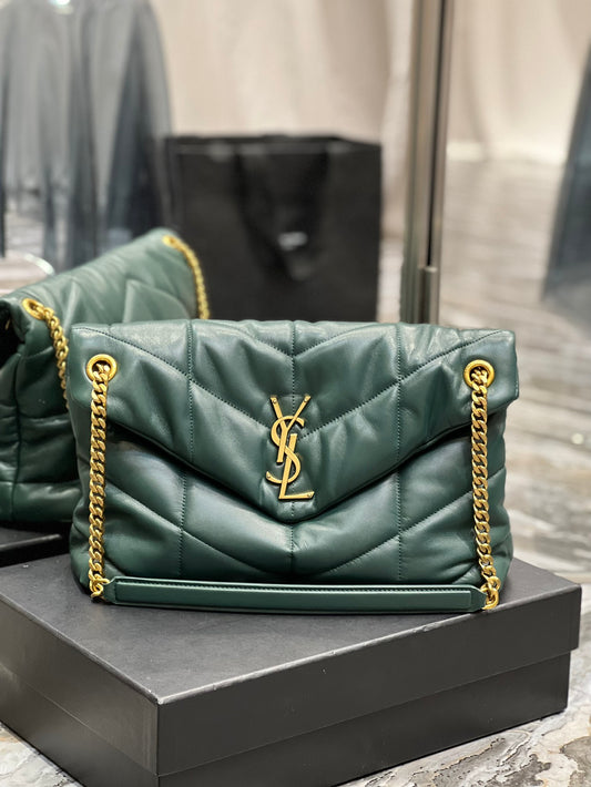 聖Y羅-絎縫小羊皮包 墨綠色金扣 小羊皮 35cm