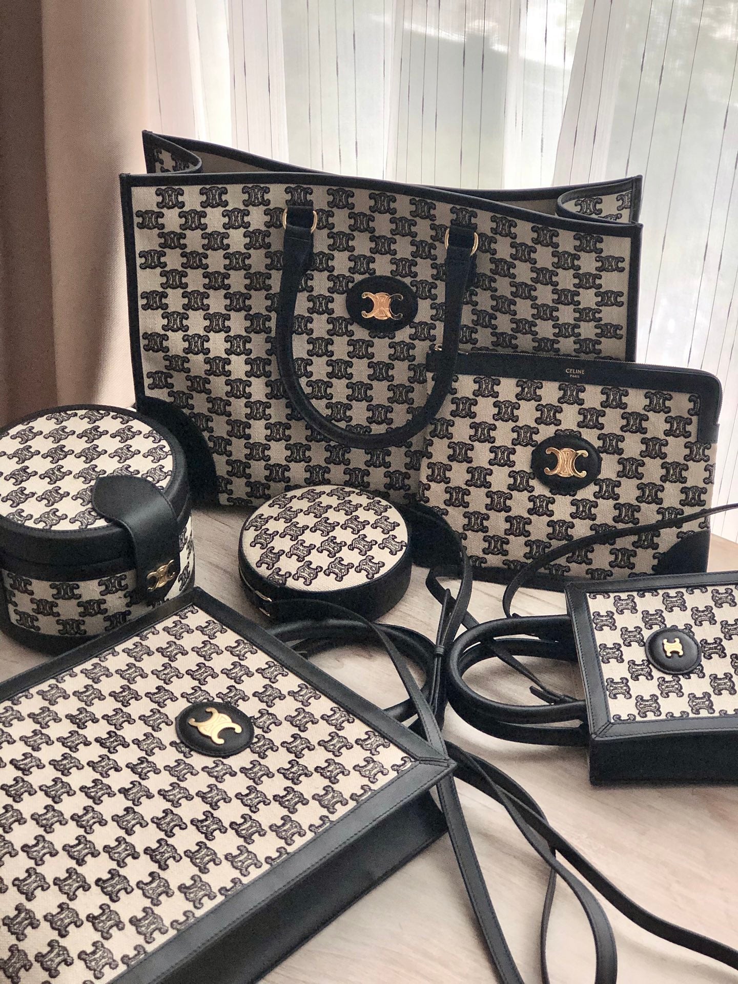 Celine CABAS 迷你TRIOMPHE刺繡織物豎款手袋