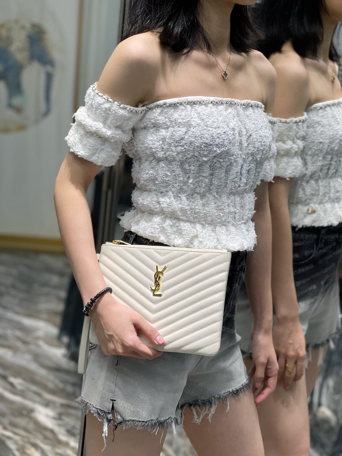 YSL 提花拼接文件手拿包-白色金扣-24cm