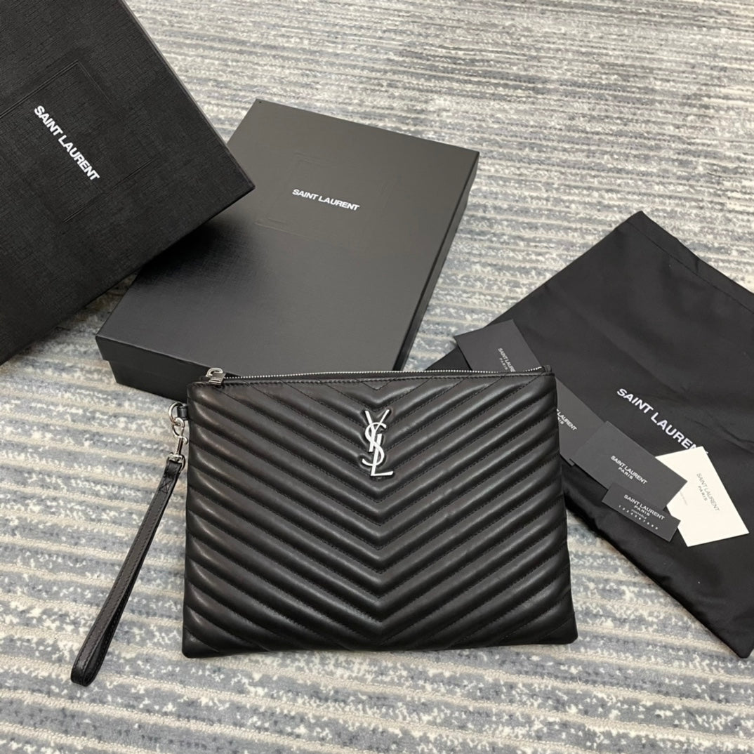 YSL 經典MONOGRAM中號絎縫皮革手包-黑色小牛皮銀扣
