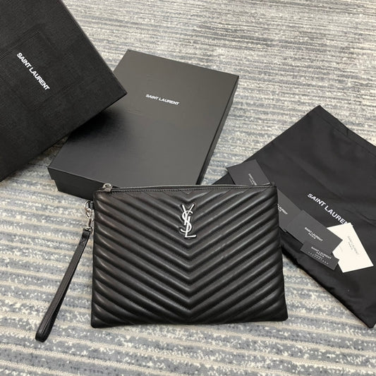 YSL 經典MONOGRAM中號絎縫皮革手包-黑色小牛皮銀扣