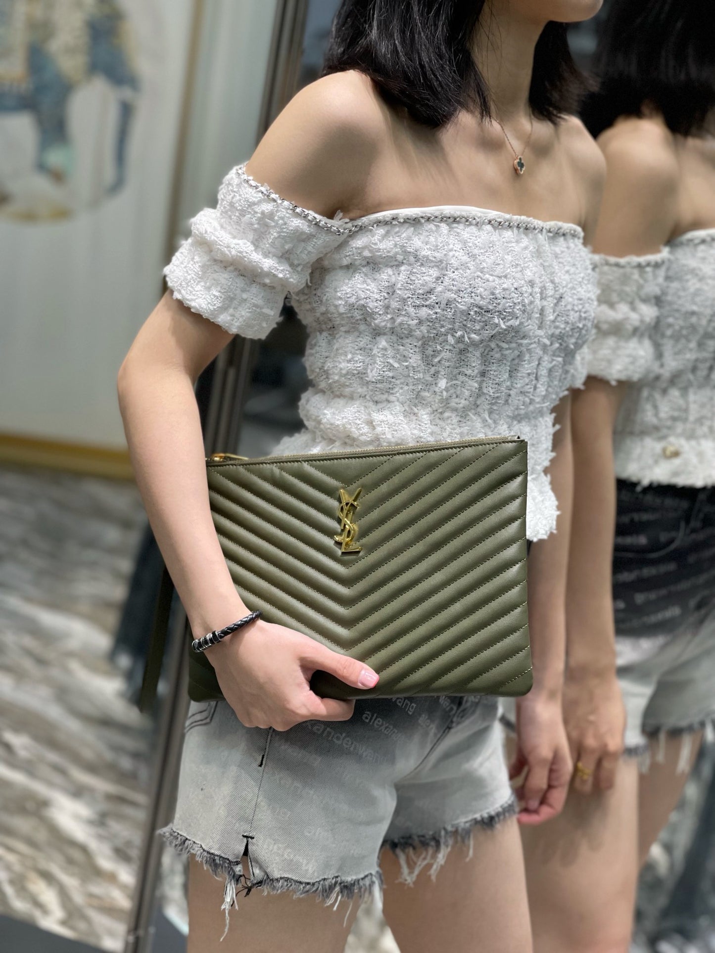 YSL_提花拼接文件手拿包-綠色金扣-30cm