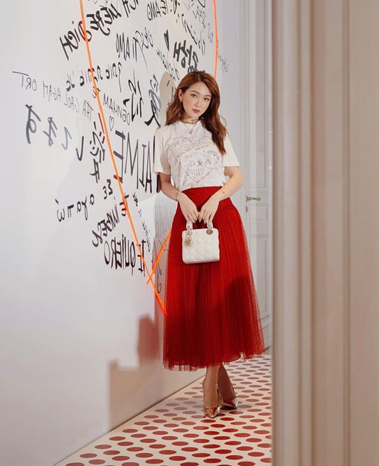 Dior Lady Dior-三格黛妃包-金扣+紅色珐瑯心型吊扣-17cm-白色