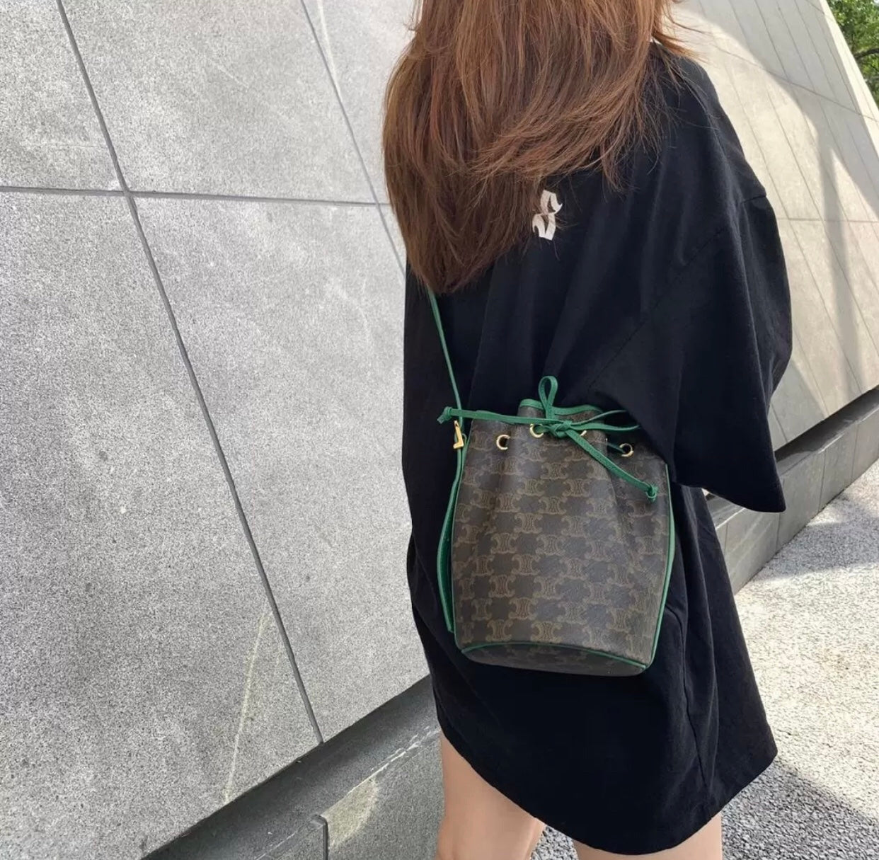 Celine TRIOMPHE帆布小號抽繩包-綠色老花