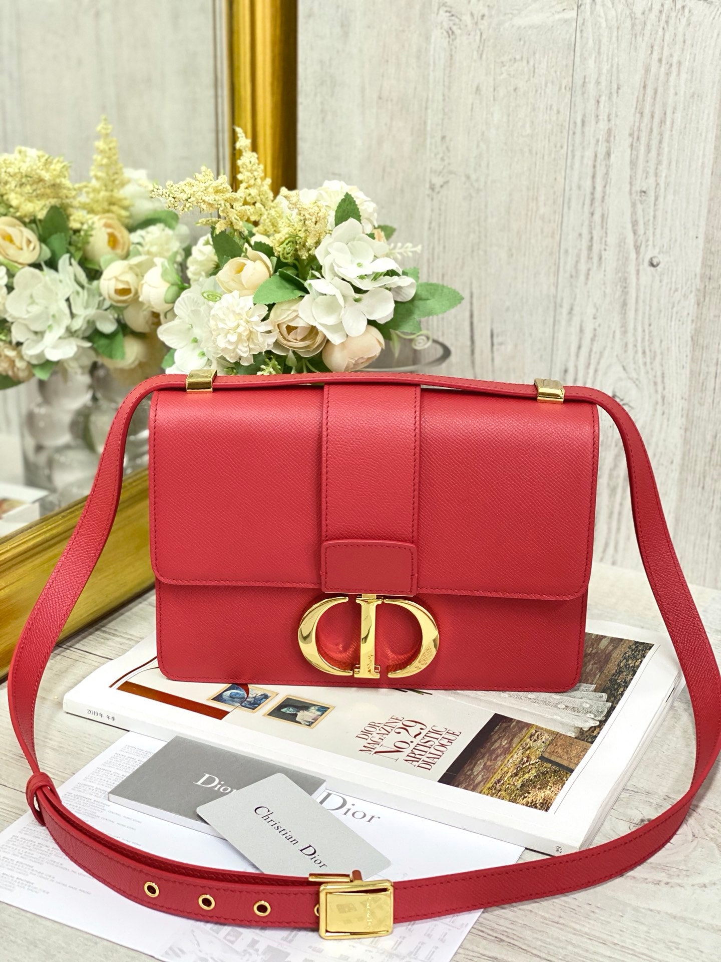 Dior 蒙田 30 Montaigne系列-24cm-牛皮手掌紋-紅色金扣