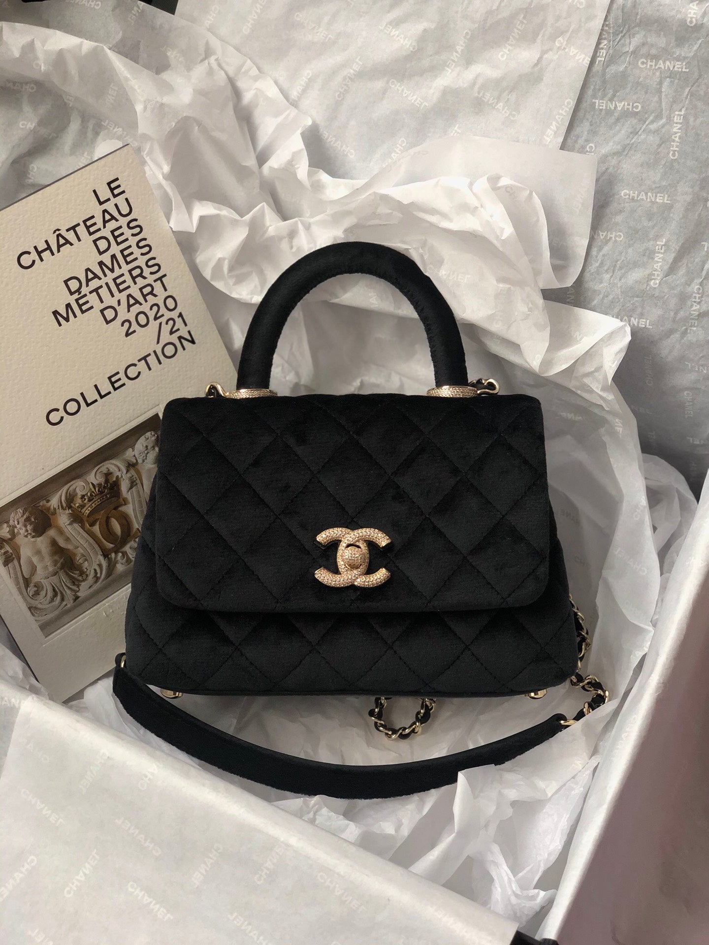 Chanel mini coco handle-黑色絲絨鑽扣