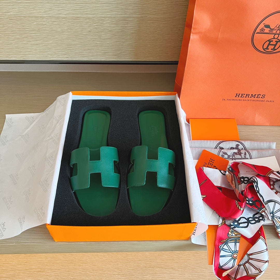 小愛款-經典H拖鞋 純色皮面 全包中底 綠色