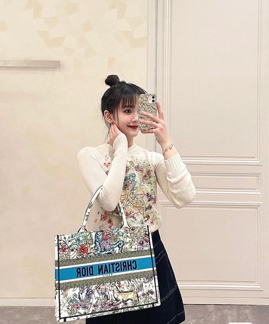 迪D家 Book Tote-中號36.5cm-白花