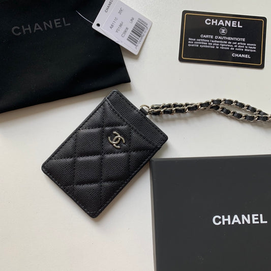 Chanel 證件套-黑色荔枝皮銀扣