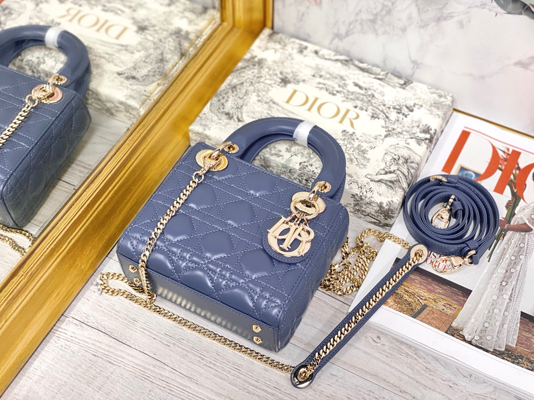 Dior-Mini Lady Dior手袋-三格黛妃-17cm-深藍丹寧金扣