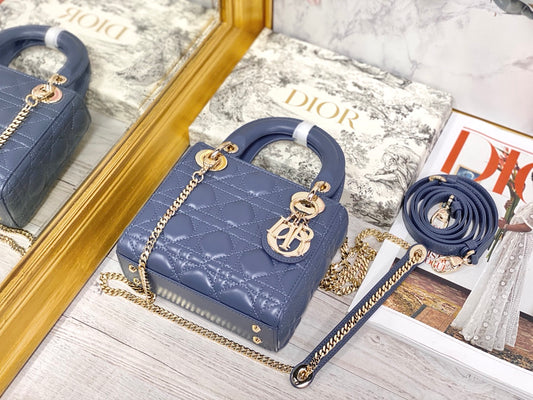 Dior-Mini Lady Dior手袋-三格黛妃-17cm-深藍丹寧金扣