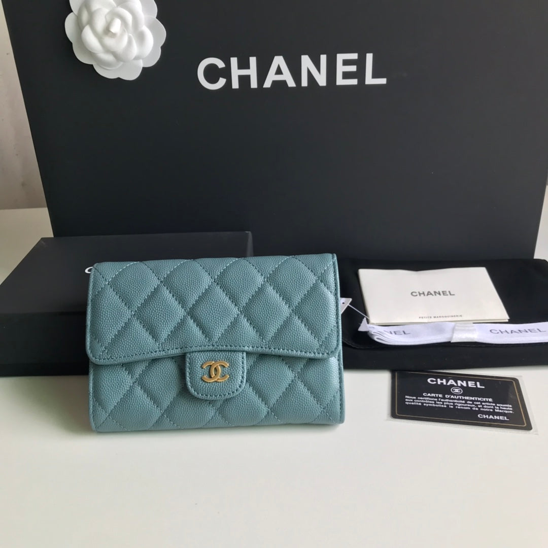 Chanel CF 三折中夾-霧霾藍荔枝皮金釦