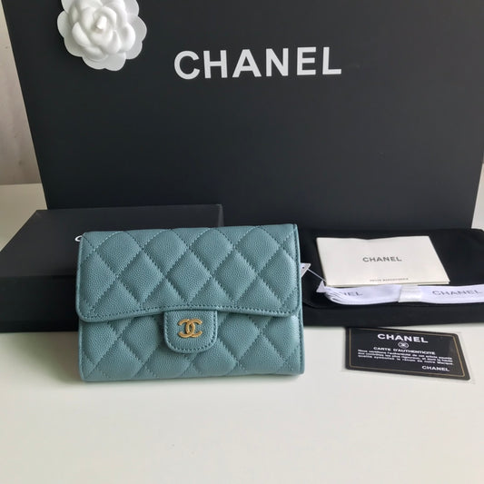 Chanel CF 三折中夾-霧霾藍荔枝皮金釦