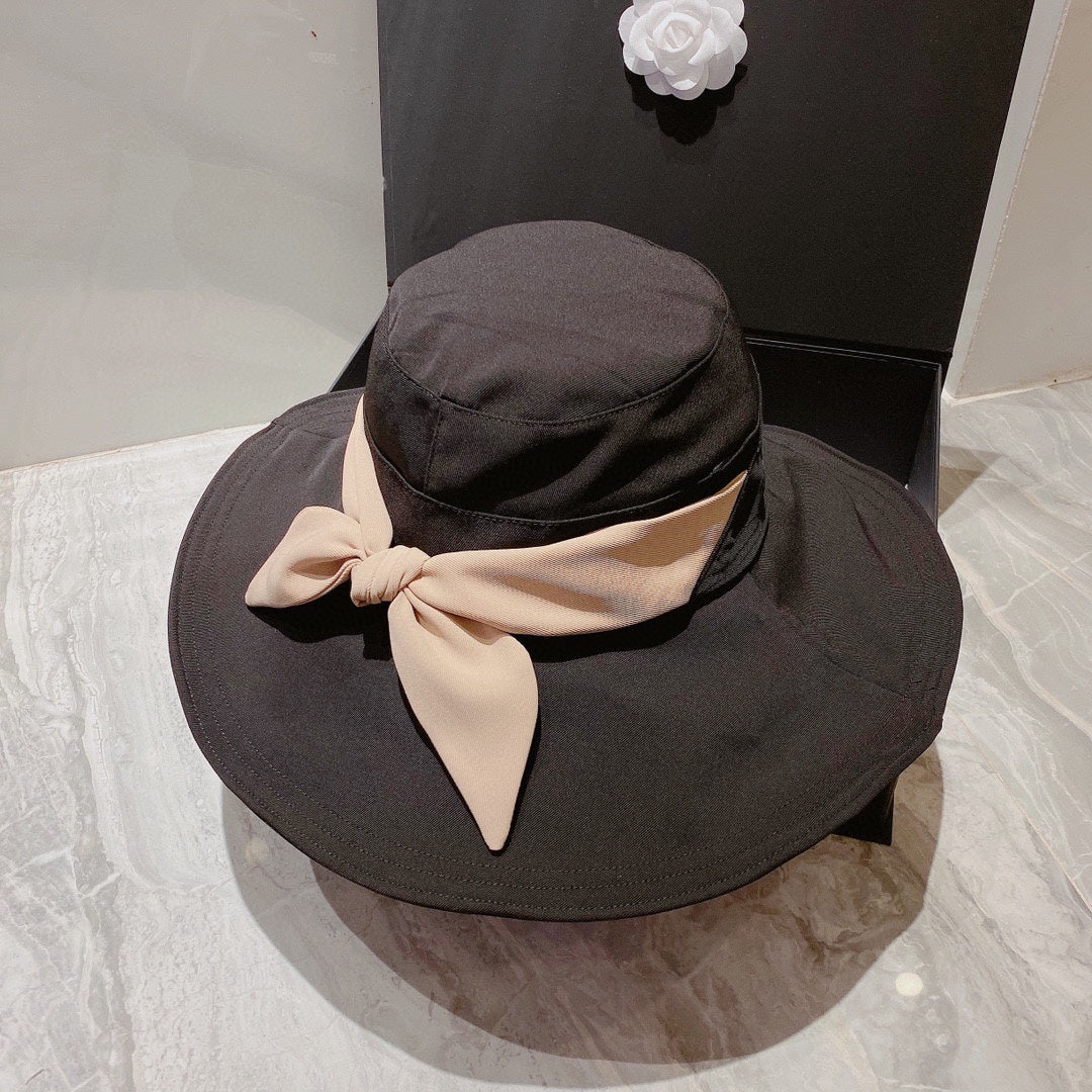 迪D家-絲巾大帽沿遮陽帽 黑米兩色