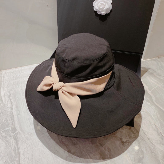 迪D家-絲巾大帽沿遮陽帽 黑米兩色