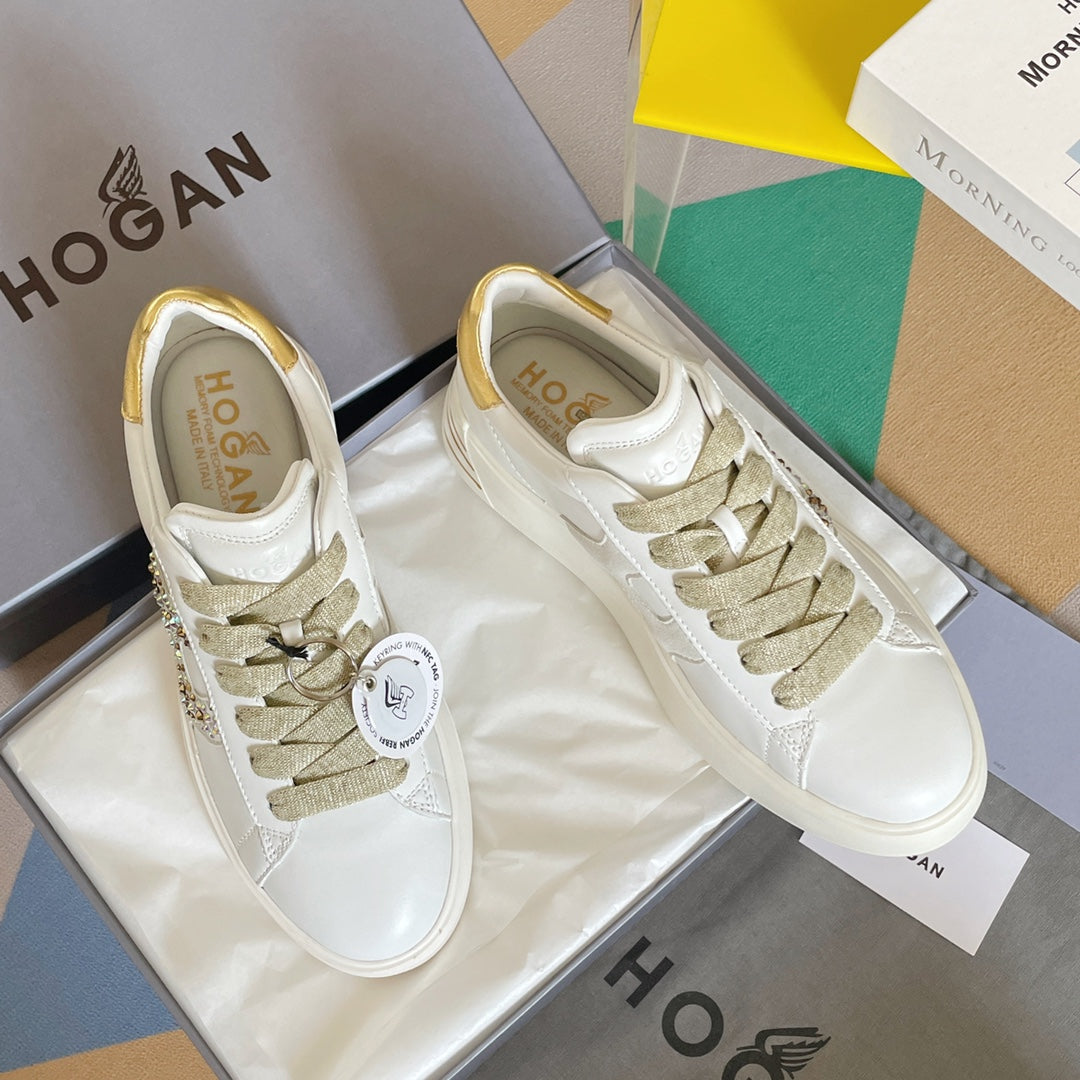 Hogan-2022早春新款 厚底休閒鞋 白色金尾