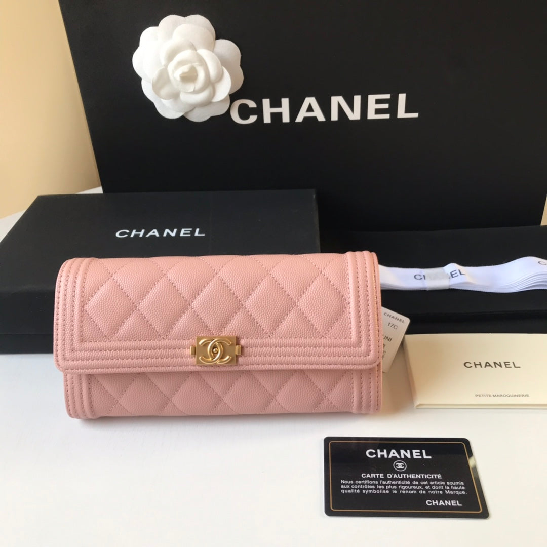 Chanel Leboy 翻蓋長夾-粉色荔枝皮金釦