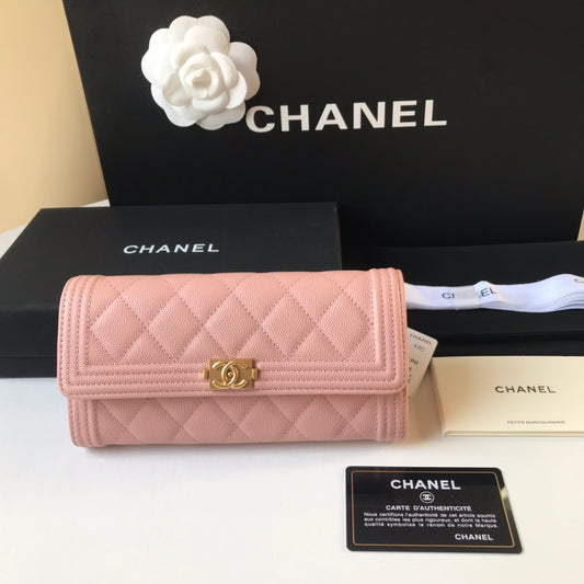 Chanel Leboy 翻蓋長夾-粉色荔枝皮金釦