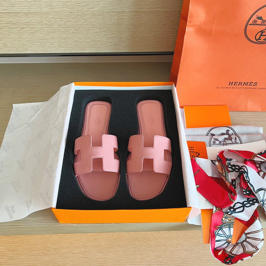 小愛款-經典H拖鞋 純色皮面 全包中底 粉色