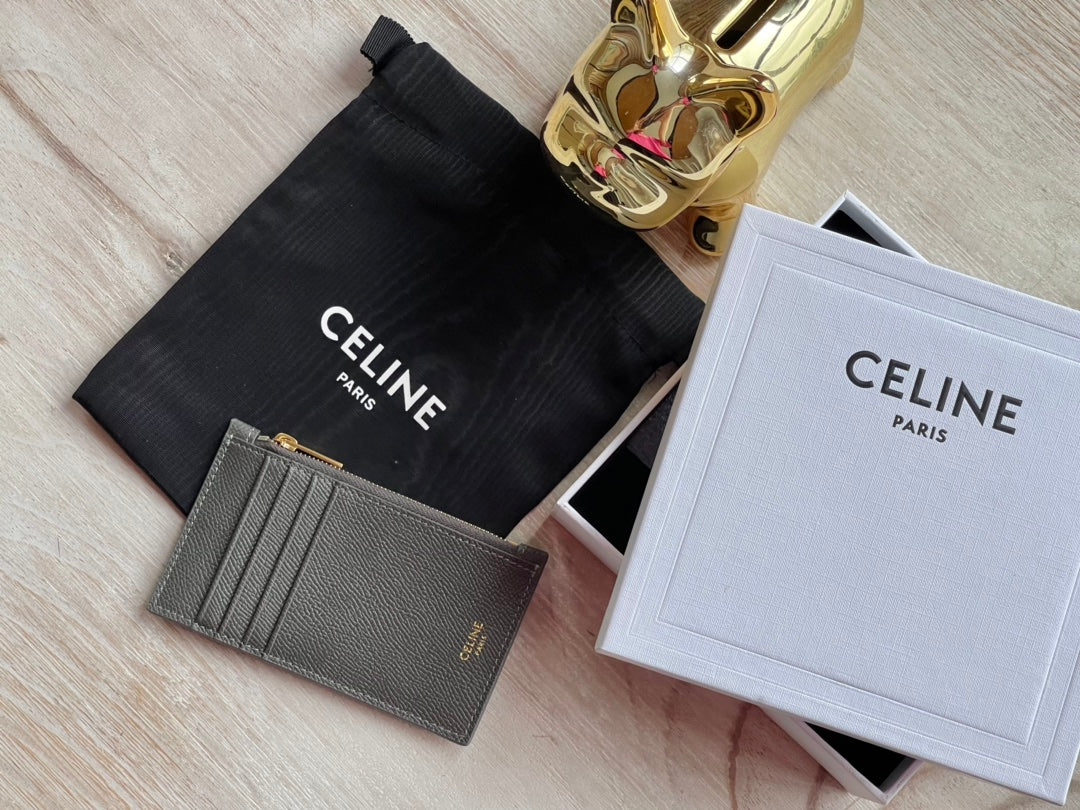 Celine 粒面小牛皮拉鍊卡包-鐵灰