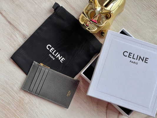 Celine 粒面小牛皮拉鍊卡包-鐵灰
