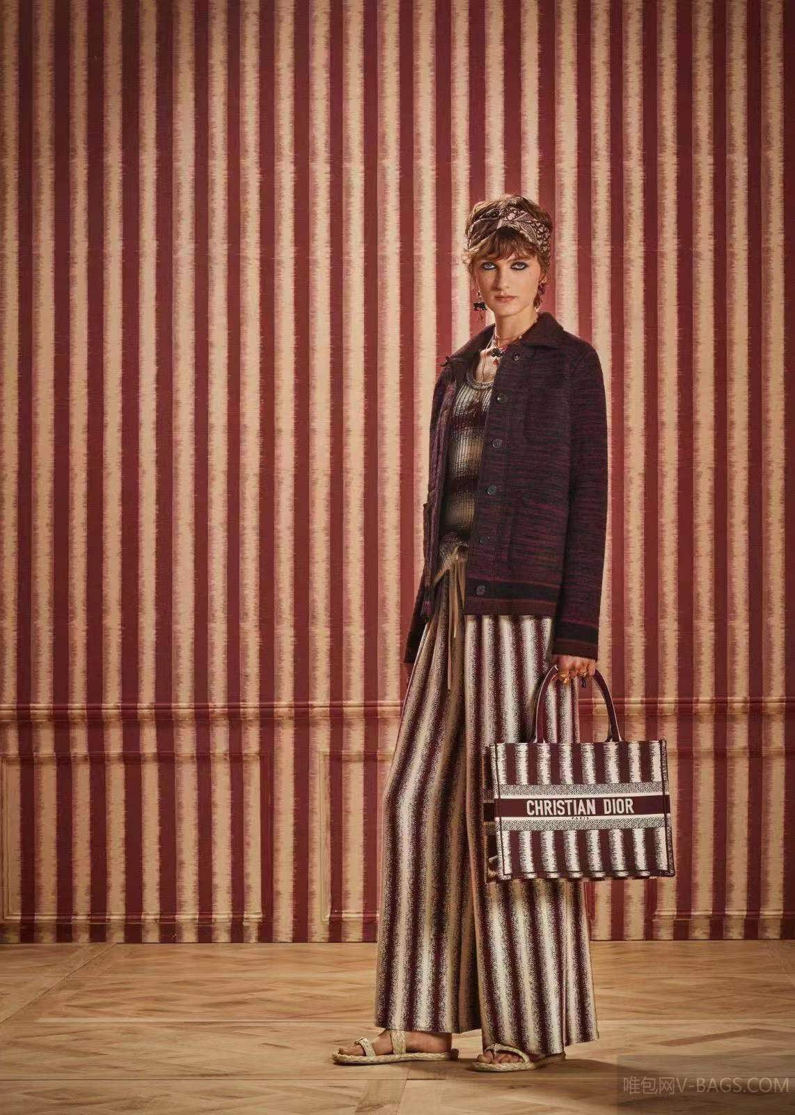 Dior Book Tote-小號36.5cm-酒紅色條紋