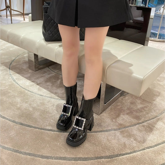 R方扣頭鞋-22SS 鑲鑽粗跟中筒靴 歐陽娜娜同款