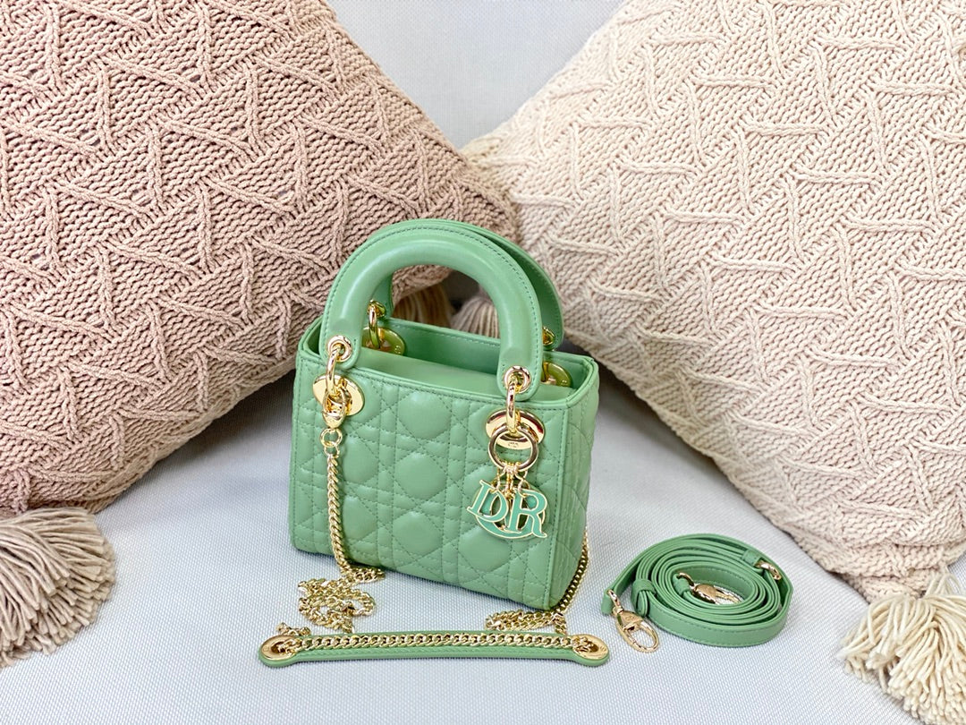 Dior-Mini Lady Dior手袋-三格黛妃-17cm-薄荷綠珐瑯扣