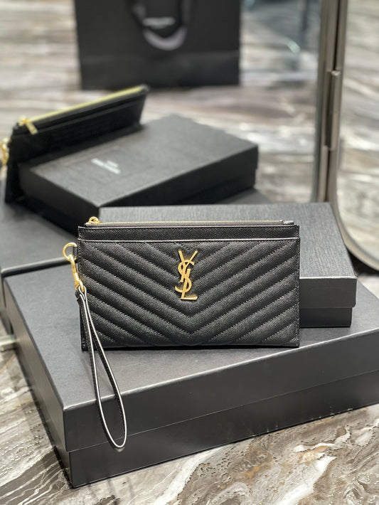 YSL 拉鍊手拿包 扁長夾 黑色金扣