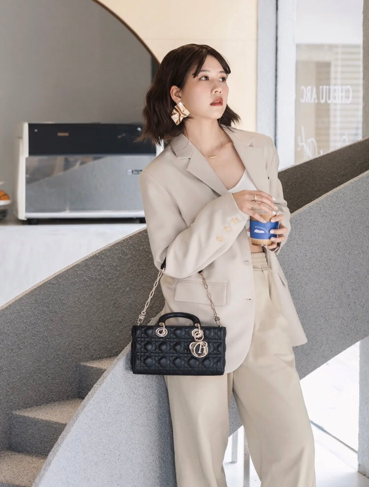 Dior-Lady D-joy手袋 羊皮藤格紋 黑色